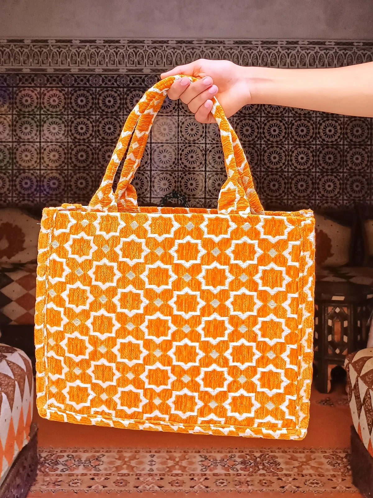 Handmade Moroccan Tote Bag: Zellij Tile Design, Eco-Friendly